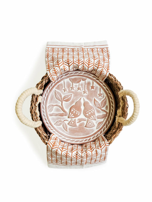 Hand-Crafted Terracotta Bread Warmer & Tea Towel - Lovebird Round