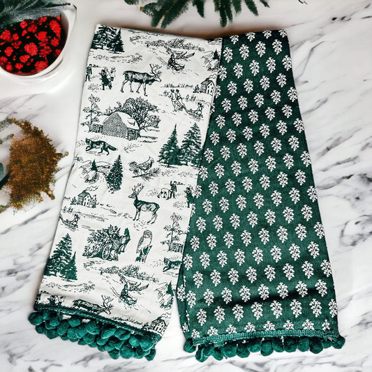 Hand Towels Deer Themed Forest Green - set of 2