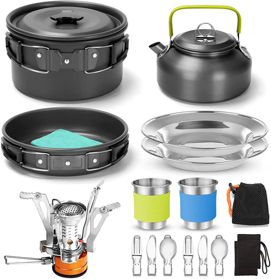 Outdoor Cooking Gear Set with Stove, Pot, and Teapot
