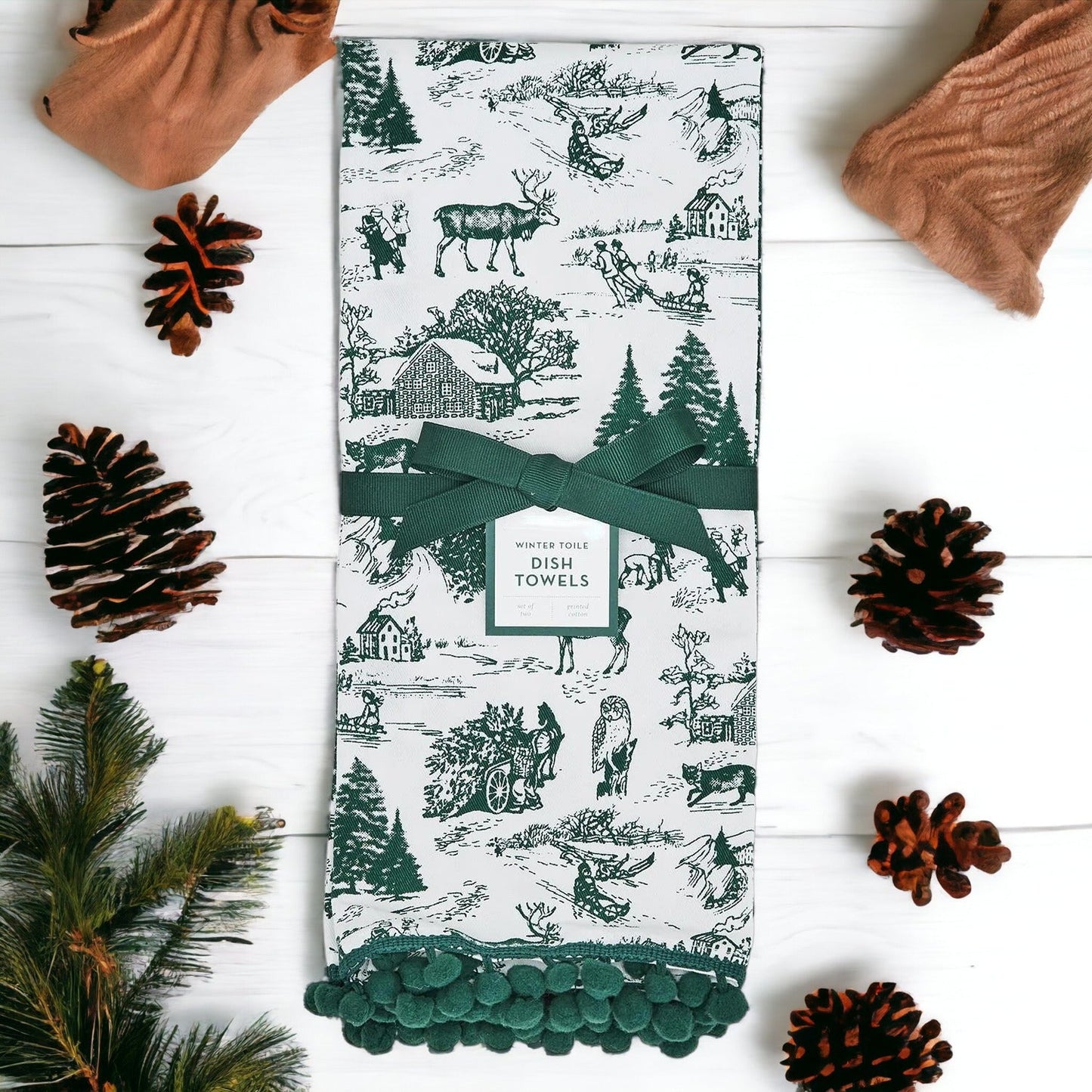 Hand Towels Deer Themed Forest Green - set of 2