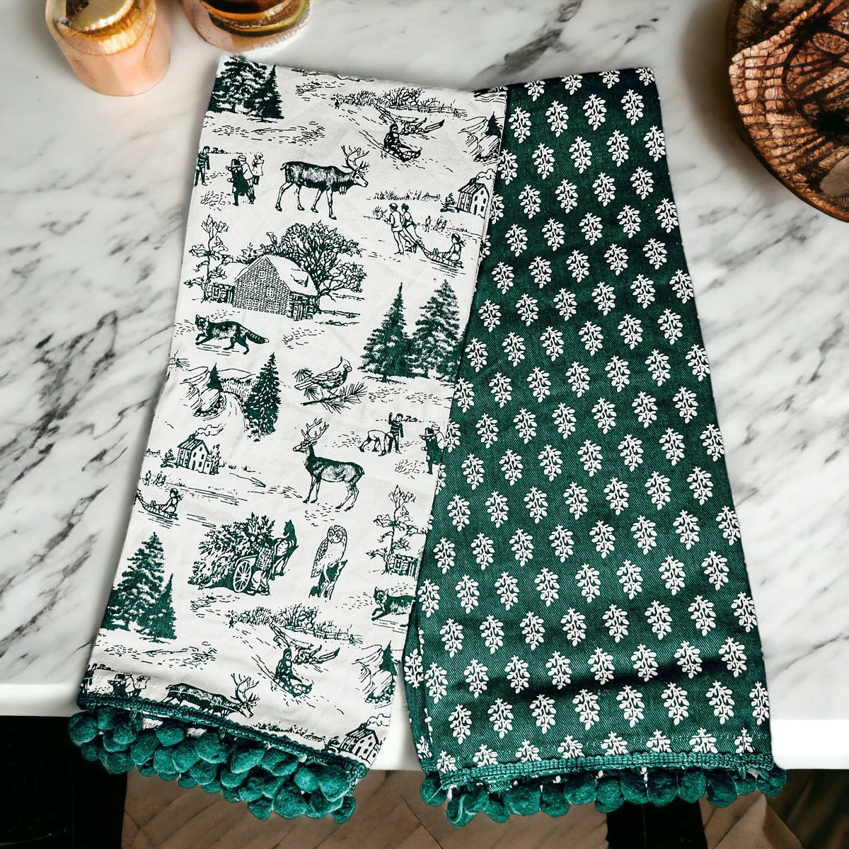 Hand Towels Deer Themed Forest Green - set of 2