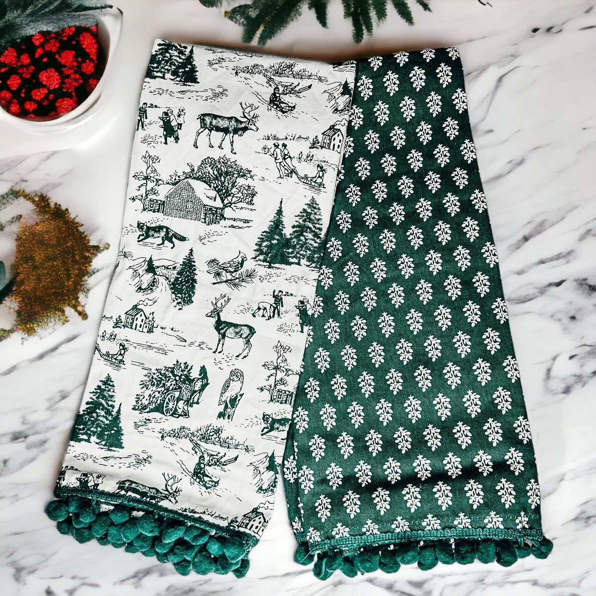 Hand Towels Deer Themed Forest Green - set of 2