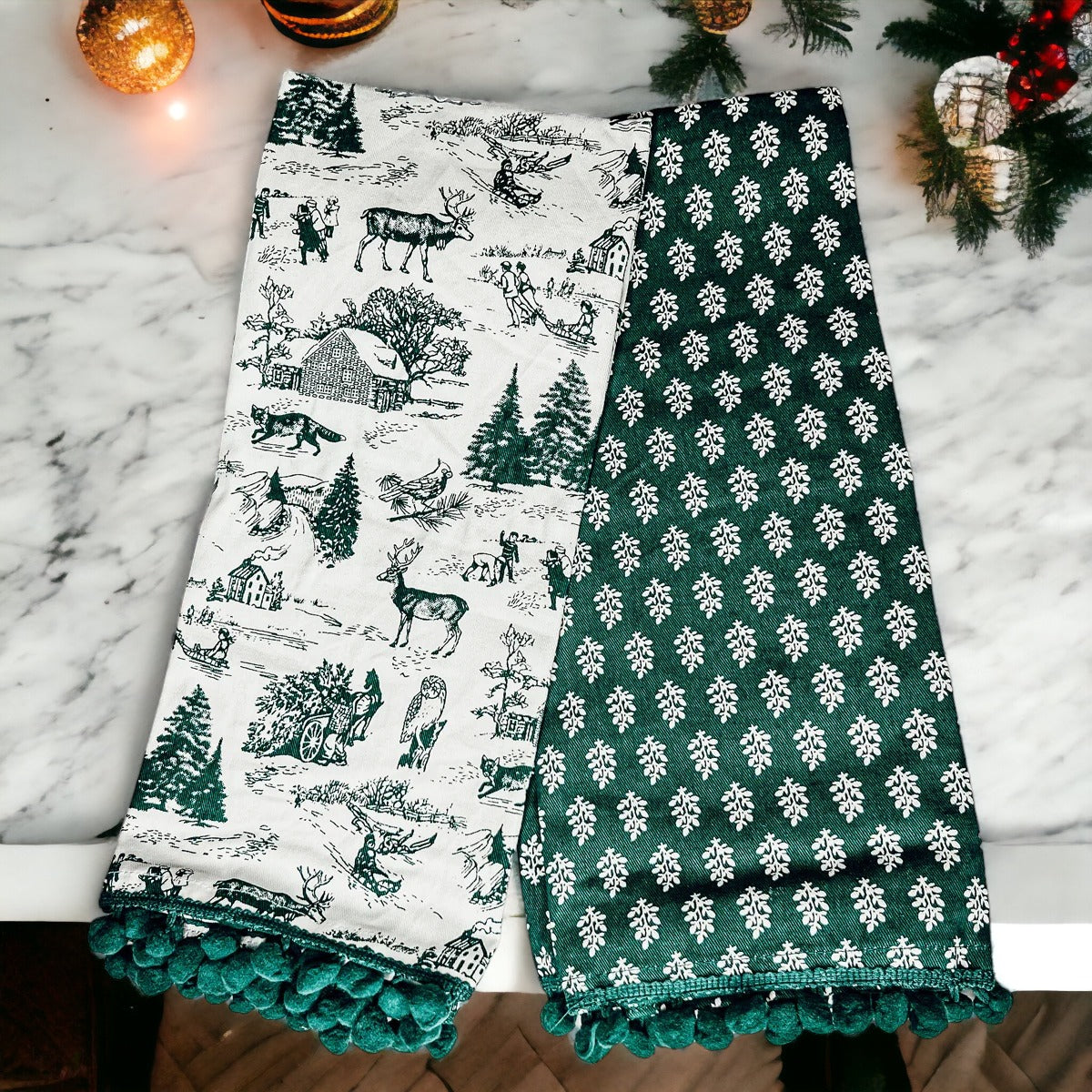 Hand Towels Deer Themed Forest Green - set of 2