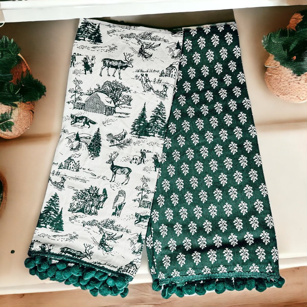 Hand Towels Deer Themed Forest Green - set of 2