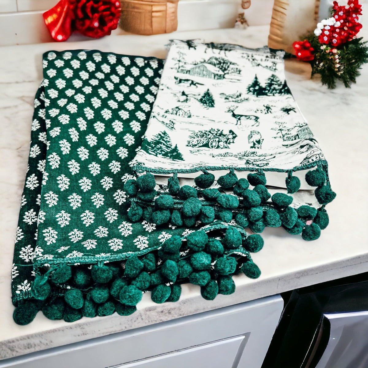 Hand Towels Deer Themed Forest Green - set of 2