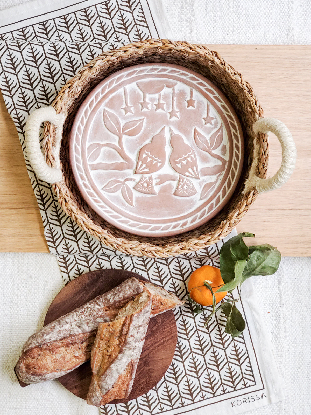 Hand-Crafted Terracotta Bread Warmer & Tea Towel - Lovebird Round