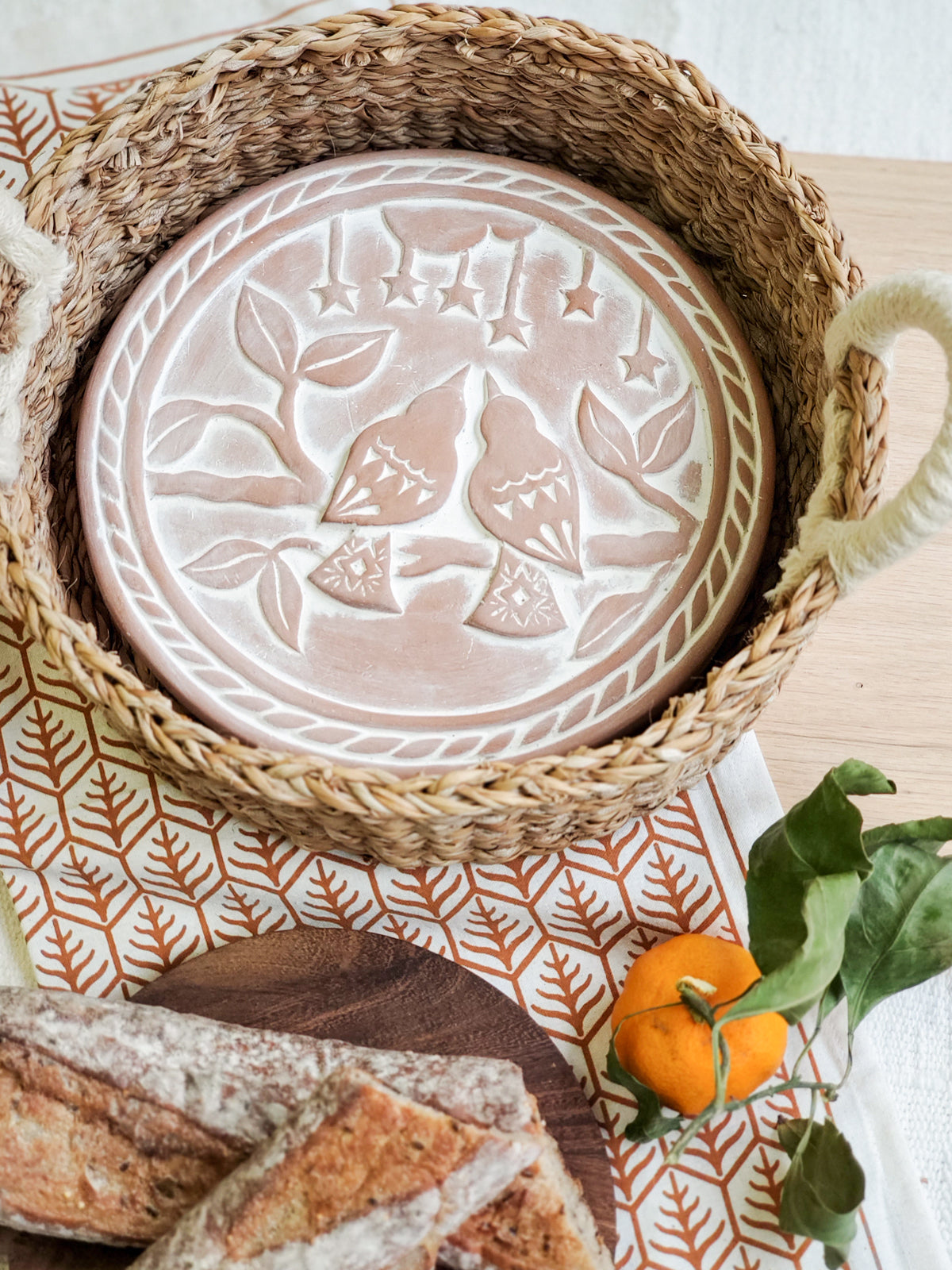 Hand-Crafted Terracotta Bread Warmer & Tea Towel - Lovebird Round
