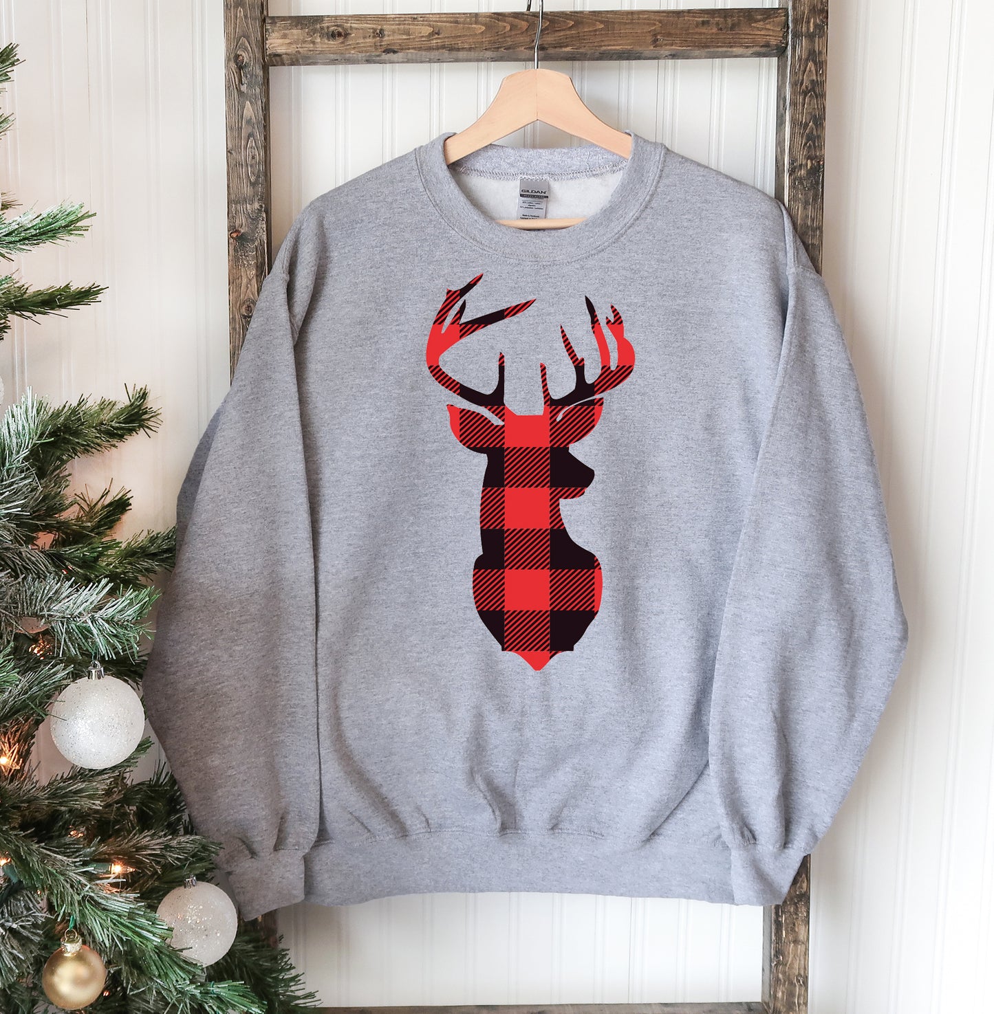 Christmas Deer Sweatshirt - Red Buffalo Plaid (5 shirt colors)