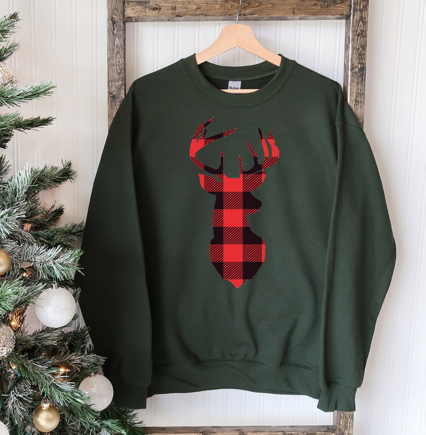 Christmas Deer Sweatshirt - Red Buffalo Plaid (5 shirt colors)