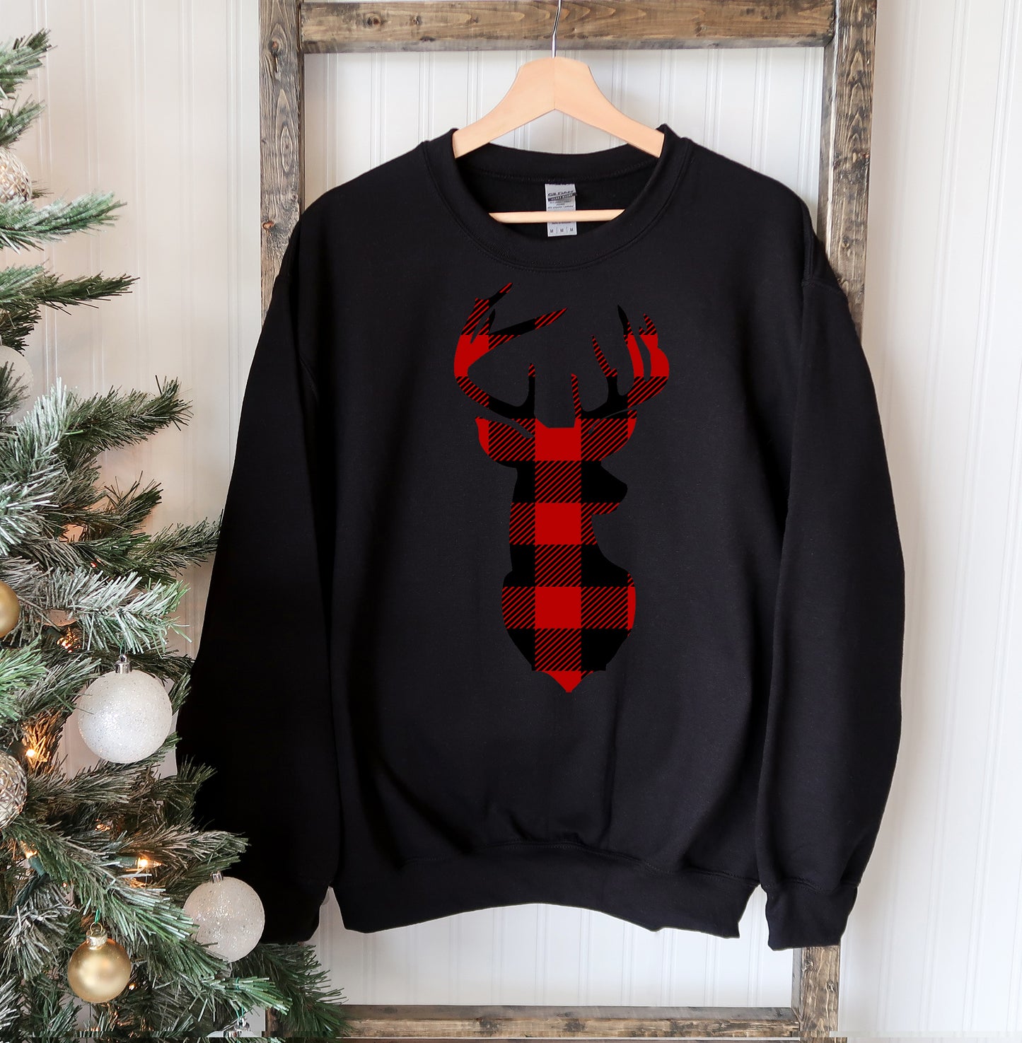 Christmas Deer Sweatshirt - Red Buffalo Plaid (5 shirt colors)