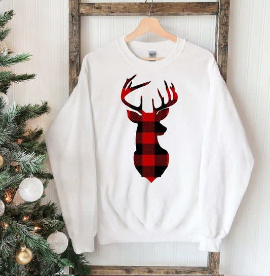 Christmas Deer Sweatshirt - Red Buffalo Plaid (5 shirt colors)