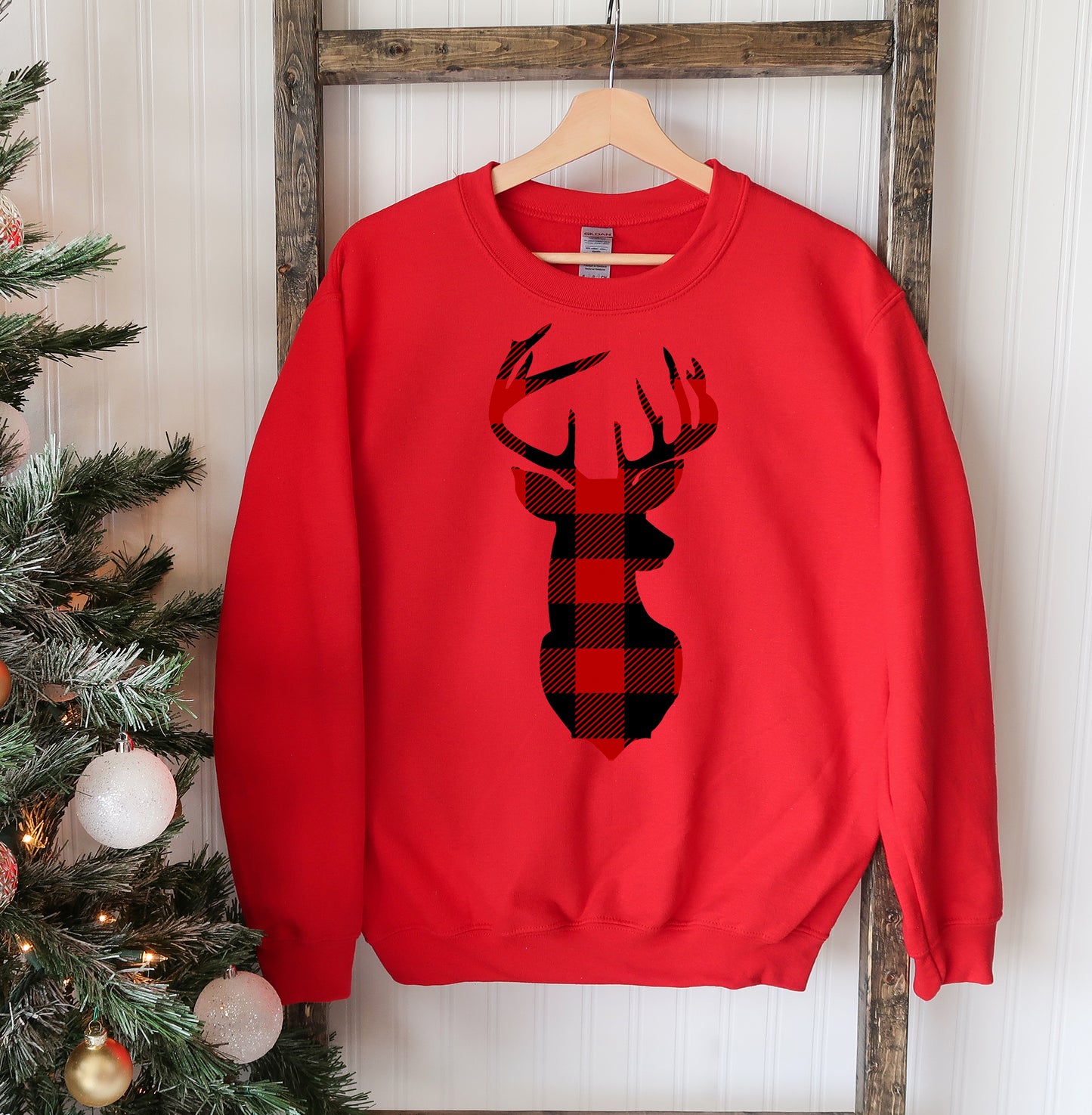 Christmas Deer Sweatshirt - Red Buffalo Plaid (5 shirt colors)
